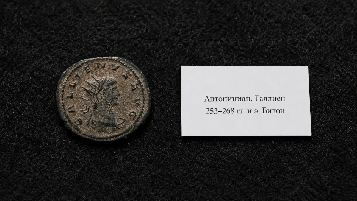 Антониниан Галлиена (253–268 гг. н.э.) — билонная монета на тёмном фоне с музейной этикеткой
